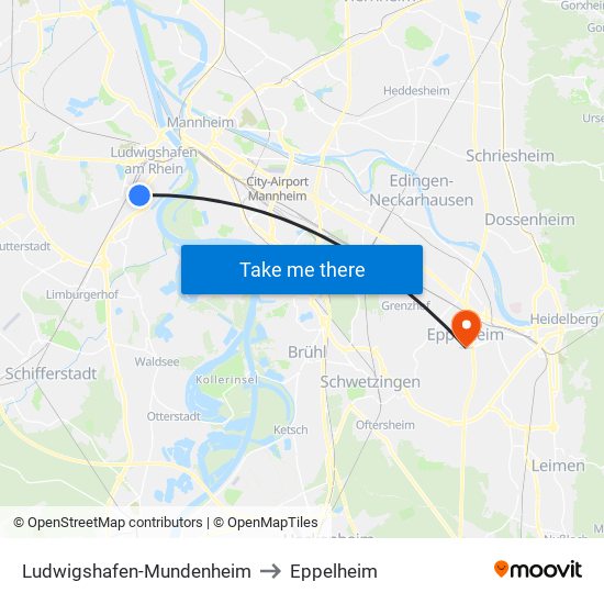 Ludwigshafen-Mundenheim to Eppelheim map