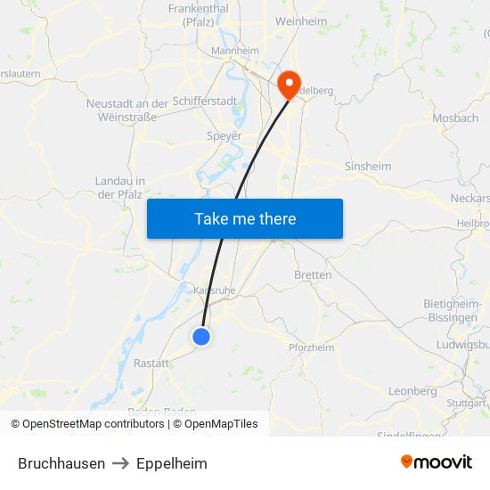 Bruchhausen to Eppelheim map