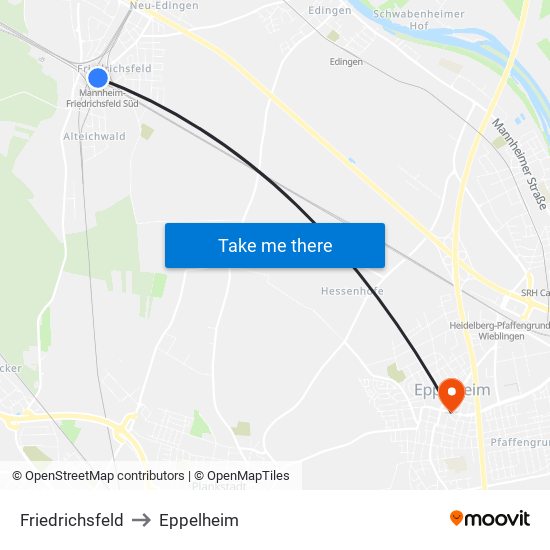 Friedrichsfeld to Eppelheim map