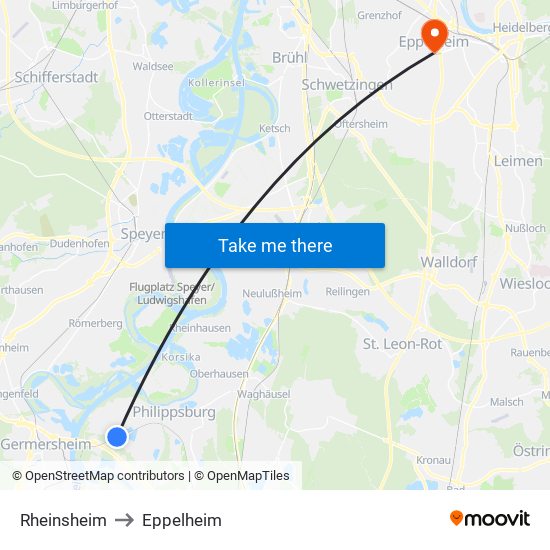 Rheinsheim to Eppelheim map