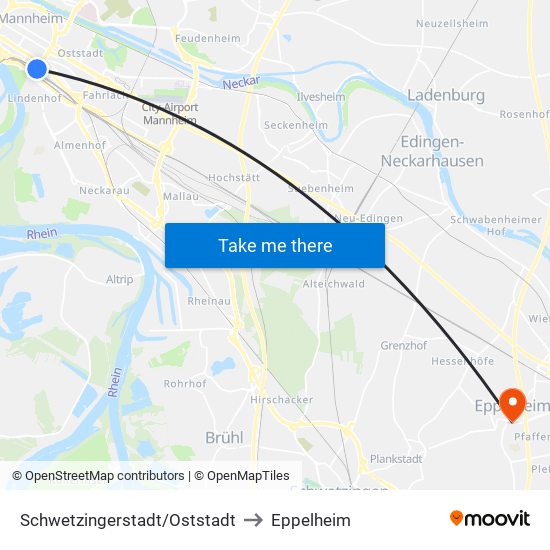 Schwetzingerstadt/Oststadt to Eppelheim map