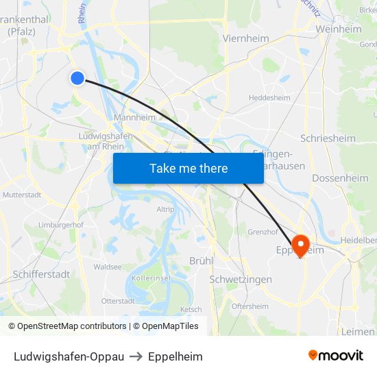 Ludwigshafen-Oppau to Eppelheim map