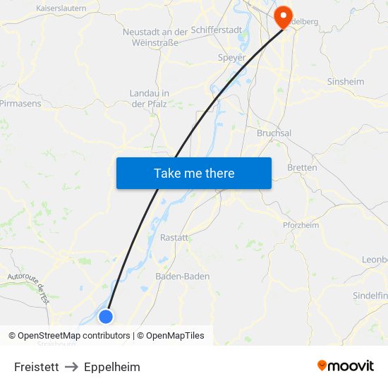 Freistett to Eppelheim map