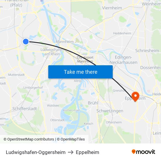 Ludwigshafen-Oggersheim to Eppelheim map