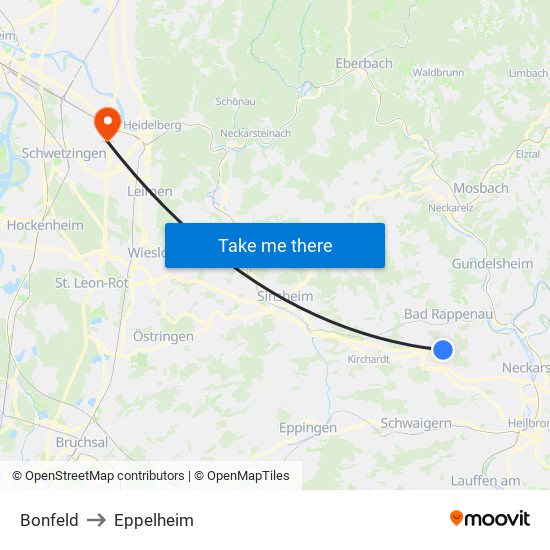 Bonfeld to Eppelheim map