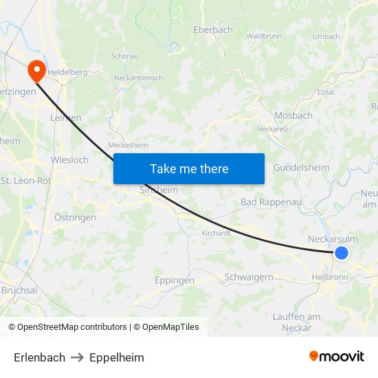 Erlenbach to Eppelheim map