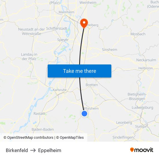 Birkenfeld to Eppelheim map