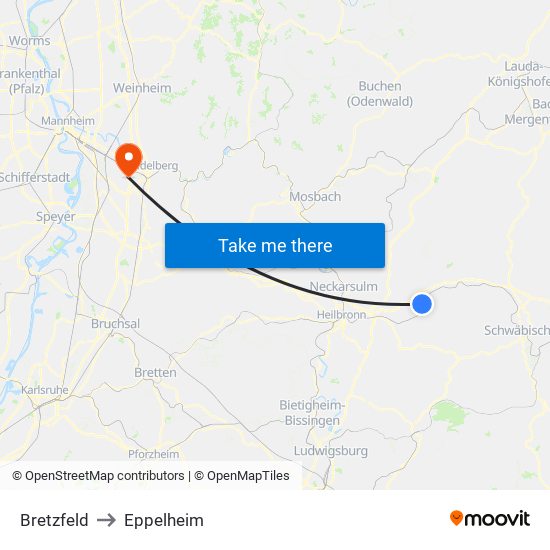 Bretzfeld to Eppelheim map