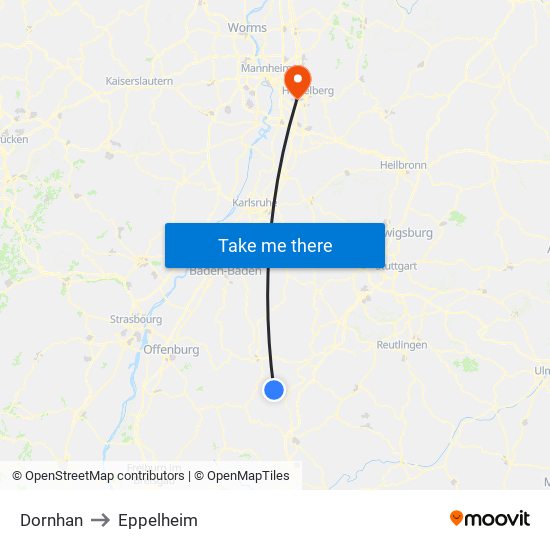 Dornhan to Eppelheim map