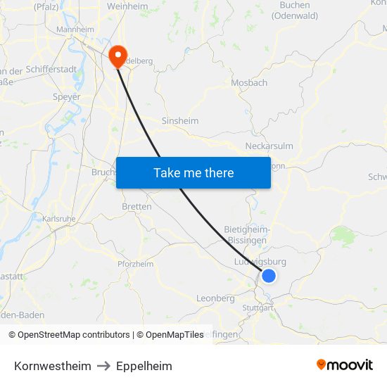 Kornwestheim to Eppelheim map