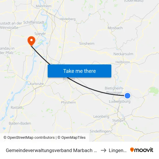 Gemeindeverwaltungsverband Marbach am Neckar to Lingenfeld map