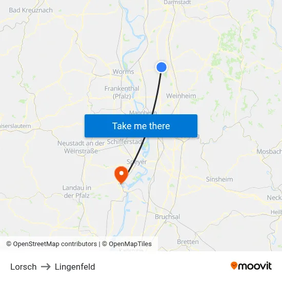 Lorsch to Lingenfeld map