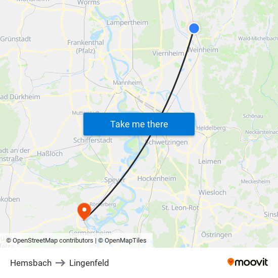 Hemsbach to Lingenfeld map