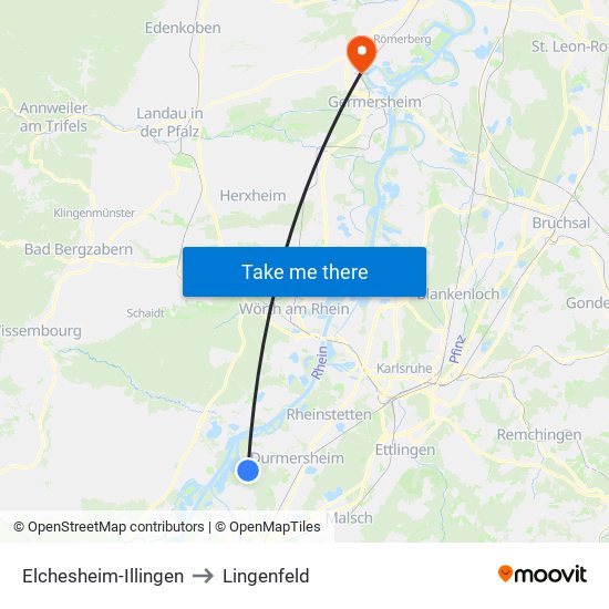 Elchesheim-Illingen to Lingenfeld map