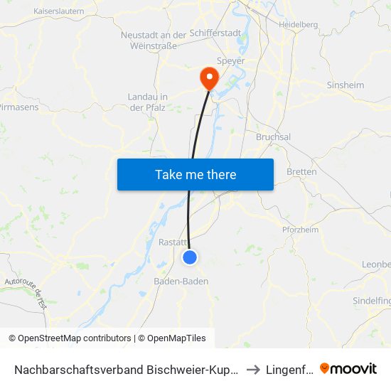 Nachbarschaftsverband Bischweier-Kuppenheim to Lingenfeld map