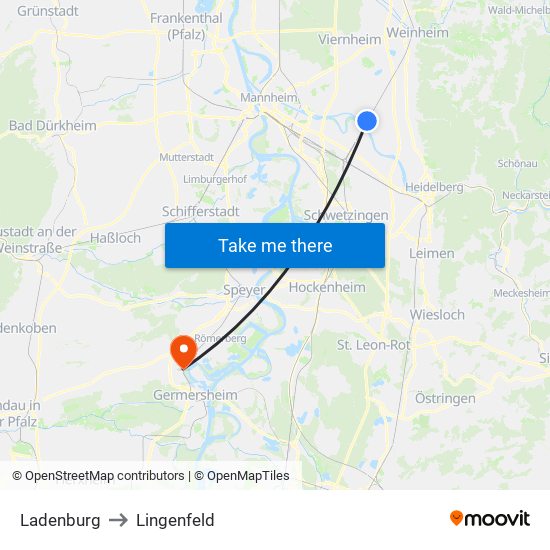 Ladenburg to Lingenfeld map