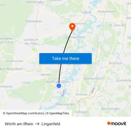 Wörth am Rhein to Lingenfeld map