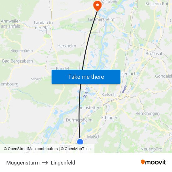 Muggensturm to Lingenfeld map