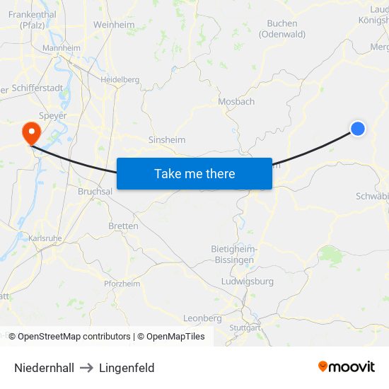 Niedernhall to Lingenfeld map