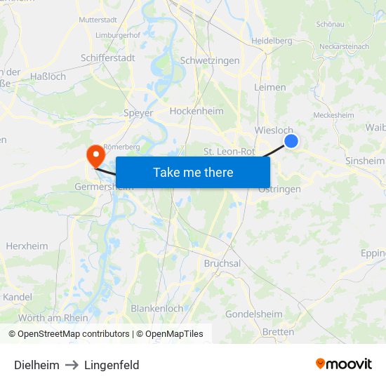 Dielheim to Lingenfeld map