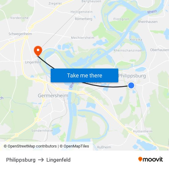 Philippsburg to Lingenfeld map