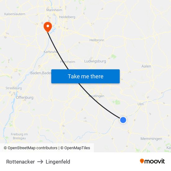 Rottenacker to Lingenfeld map