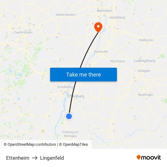 Ettenheim to Lingenfeld map