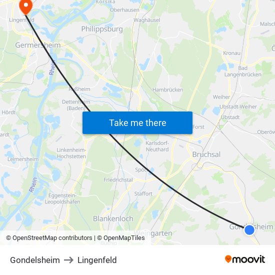 Gondelsheim to Lingenfeld map