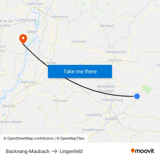 Backnang-Maubach to Lingenfeld map