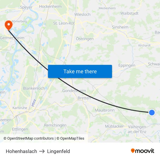 Hohenhaslach to Lingenfeld map