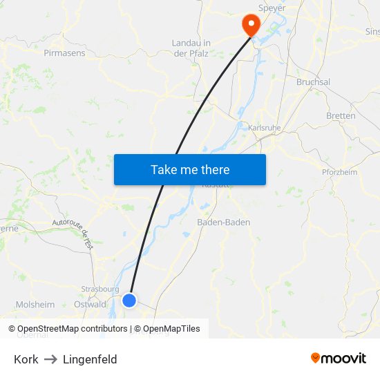Kork to Lingenfeld map