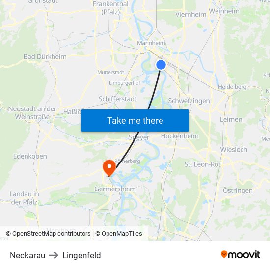 Neckarau to Lingenfeld map