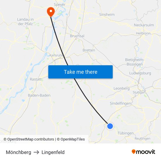 Mönchberg to Lingenfeld map