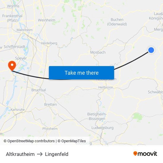 Altkrautheim to Lingenfeld map