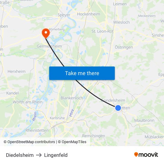 Diedelsheim to Lingenfeld map