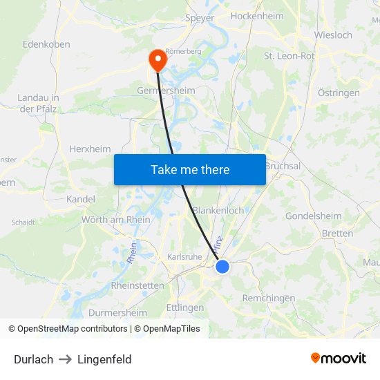 Durlach to Lingenfeld map