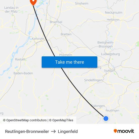 Reutlingen-Bronnweiler to Lingenfeld map