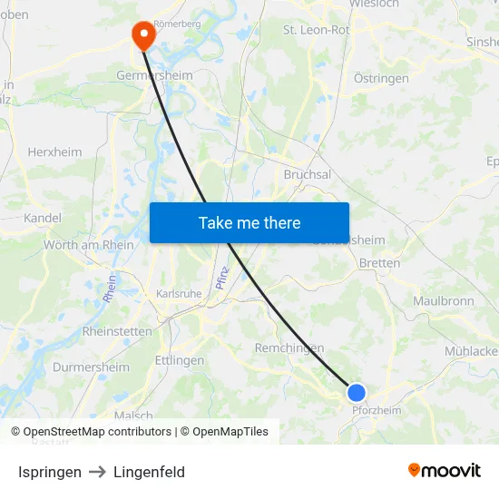 Ispringen to Lingenfeld map