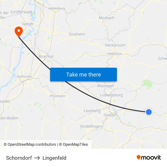 Schorndorf to Lingenfeld map