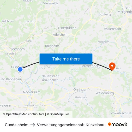 Gundelsheim to Verwaltungsgemeinschaft Künzelsau map