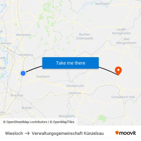 Wiesloch to Verwaltungsgemeinschaft Künzelsau map