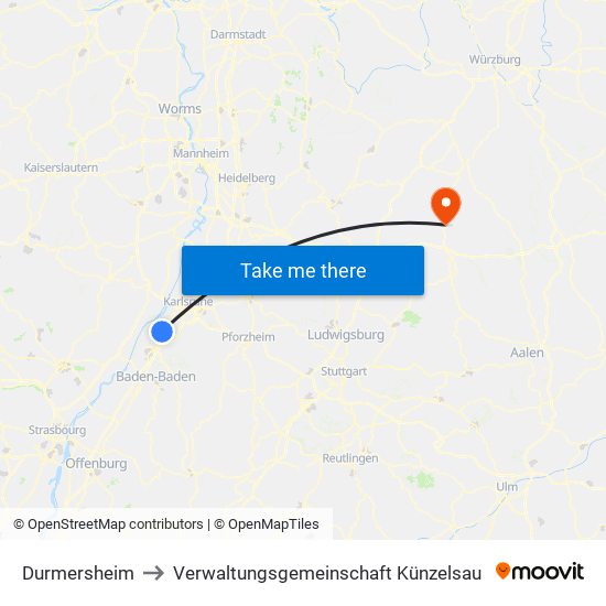Durmersheim to Verwaltungsgemeinschaft Künzelsau map