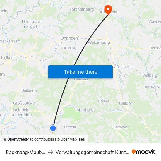 Backnang-Maubach to Verwaltungsgemeinschaft Künzelsau map