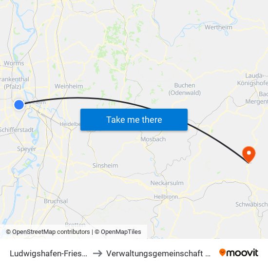 Ludwigshafen-Friesenheim to Verwaltungsgemeinschaft Künzelsau map