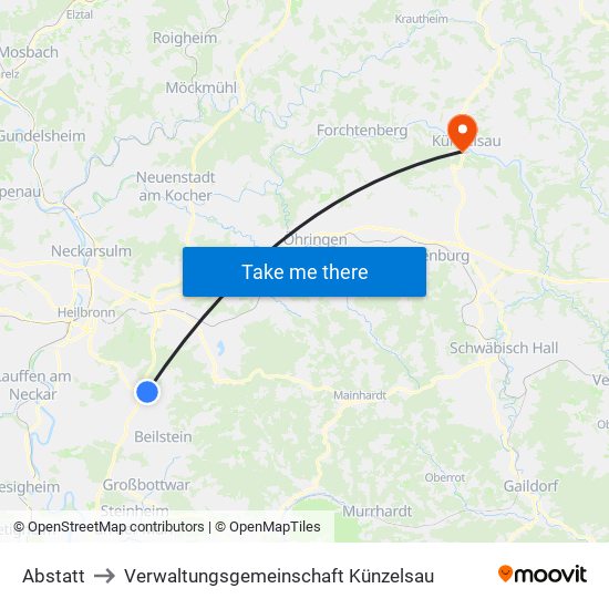 Abstatt to Verwaltungsgemeinschaft Künzelsau map
