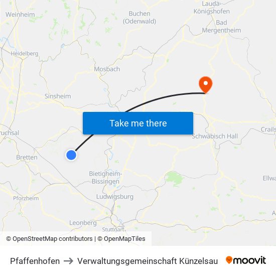 Pfaffenhofen to Verwaltungsgemeinschaft Künzelsau map