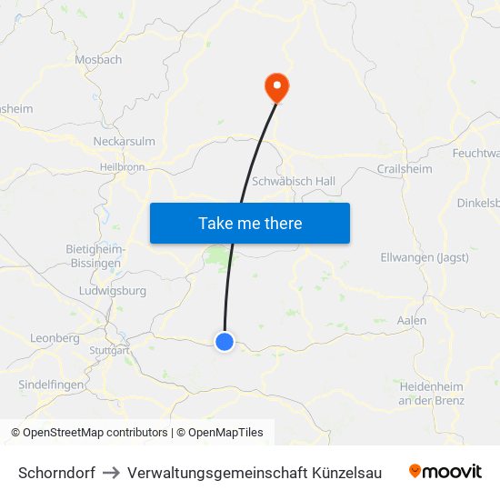 Schorndorf to Verwaltungsgemeinschaft Künzelsau map