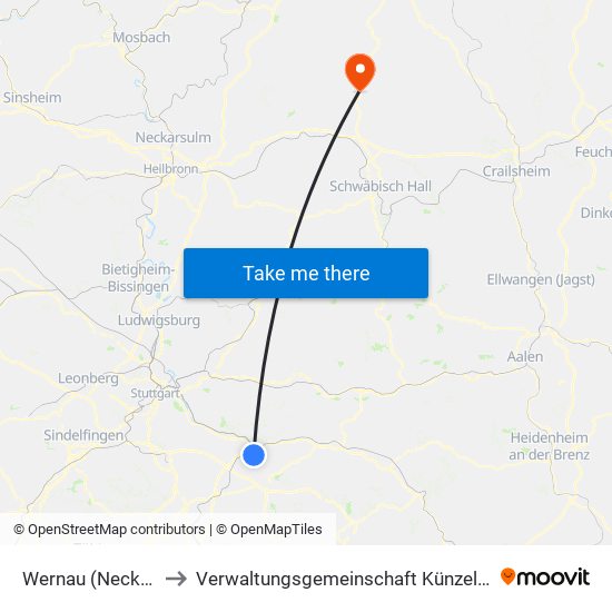 Wernau (Neckar) to Verwaltungsgemeinschaft Künzelsau map