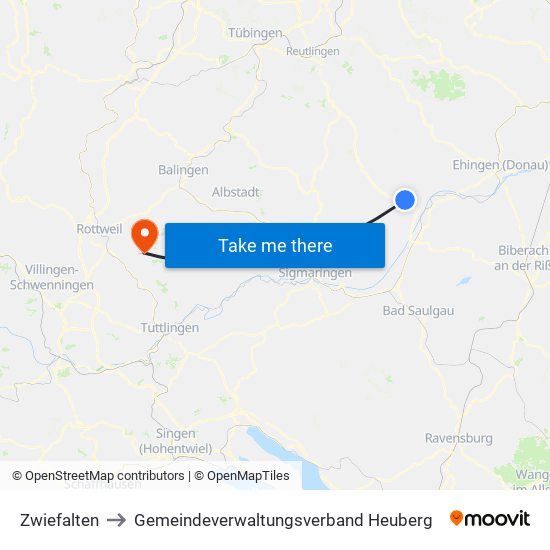Zwiefalten to Gemeindeverwaltungsverband Heuberg map