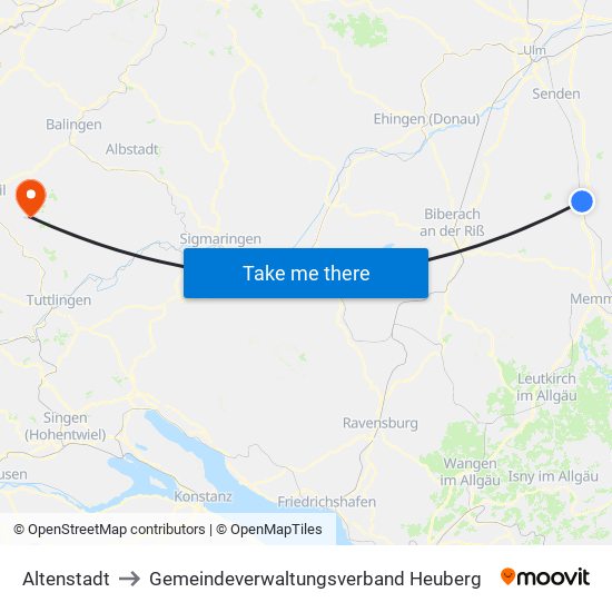 Altenstadt to Gemeindeverwaltungsverband Heuberg map